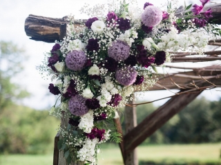 Wedding flowers in shades of plum, lavender and white. Alliums, Lisanthus, Stock, Carnations, Babies Breath