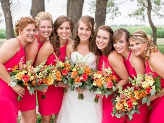 Coral Roses, Alstroemeria, Seeded Eucalyptus, Snapdragons Colorful Wedding Bouquets